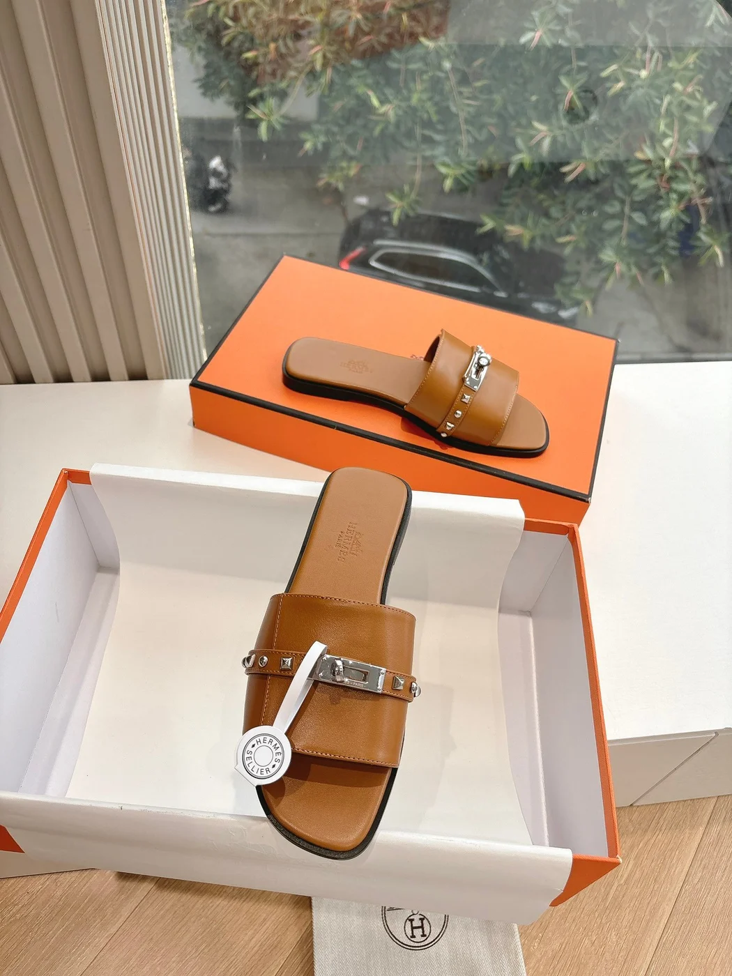 Hermès Women Brown Leather Slide Sandals product view 4