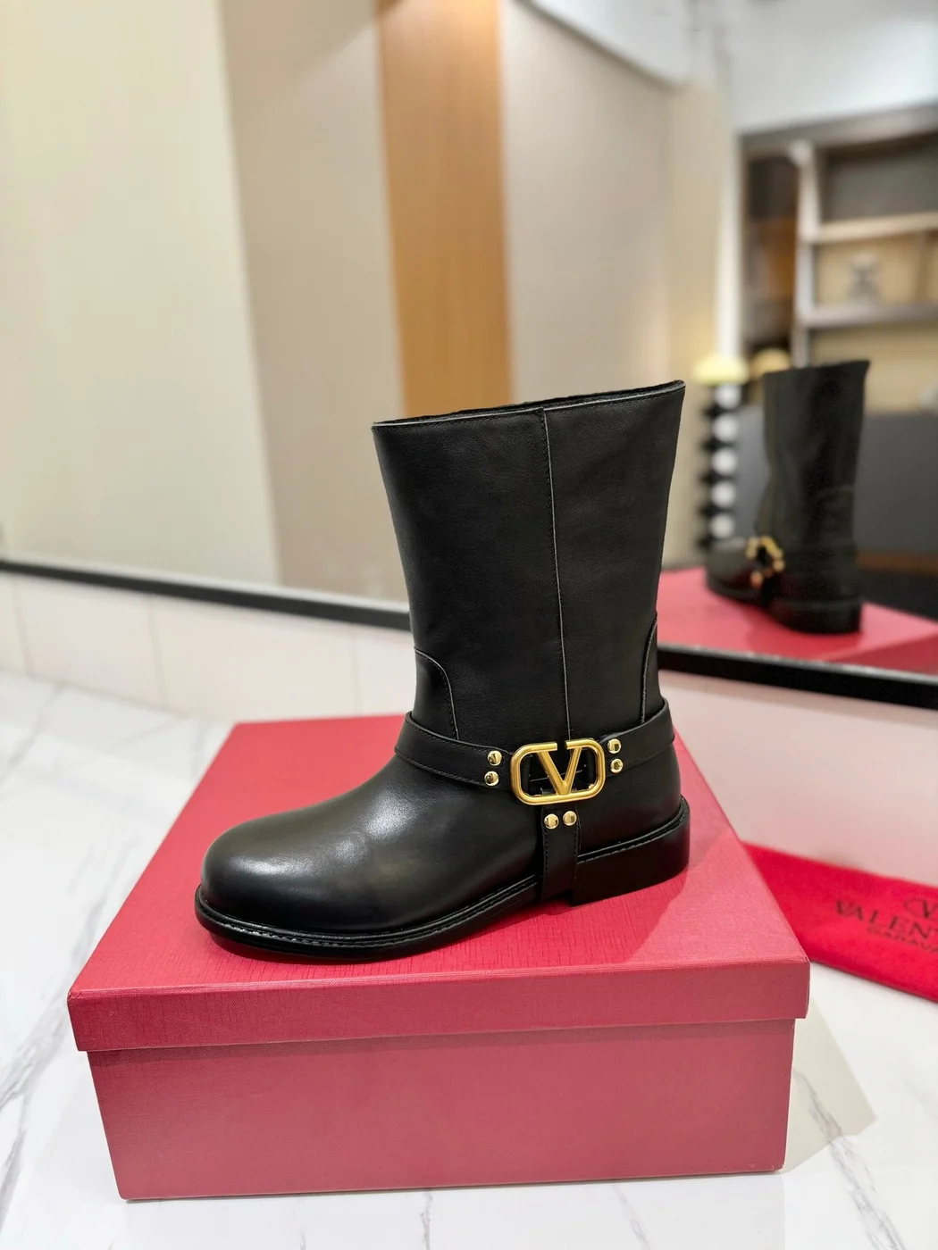 Valentino Women Black Leather Mid-Calf Boots product view 2