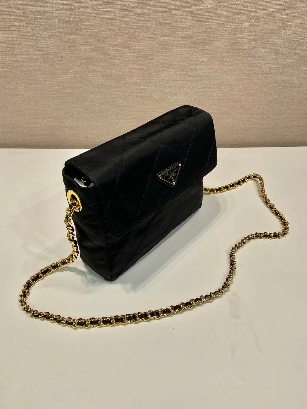 Prada Large Quilted Flap Bag 23 In Black Re-Nylon Fabric Gold Chain product view 5