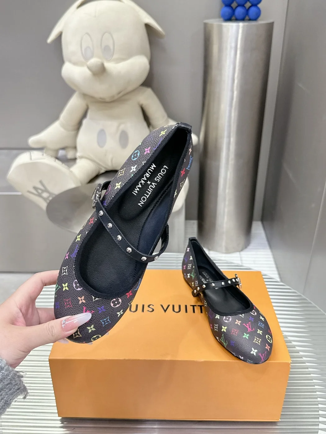Louis Vuitton Women Black Leather Multicolor Monogram Mary Jane Flats product view 5
