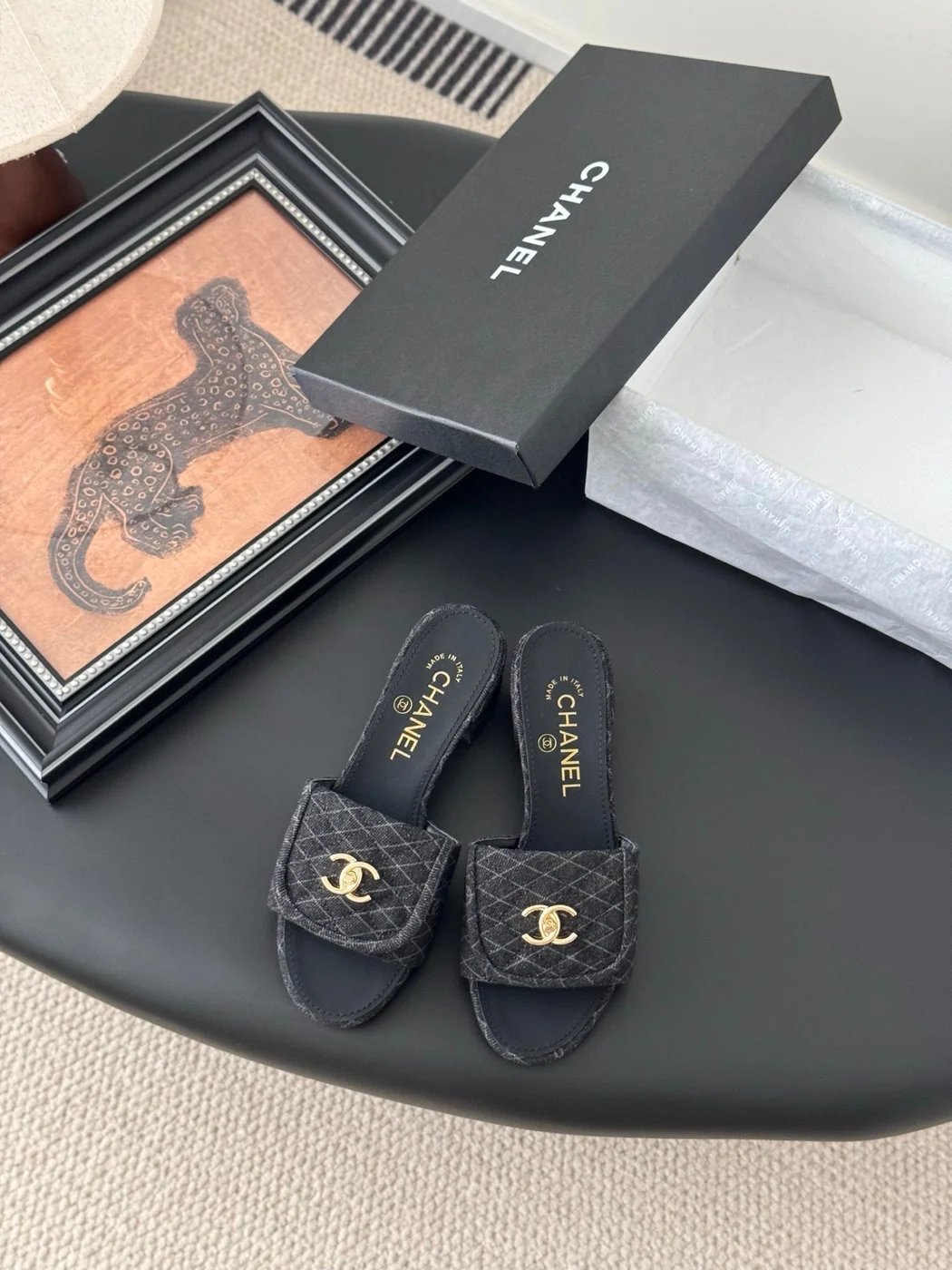 Chanel Women Black Quilted Fabric Slides product view 1