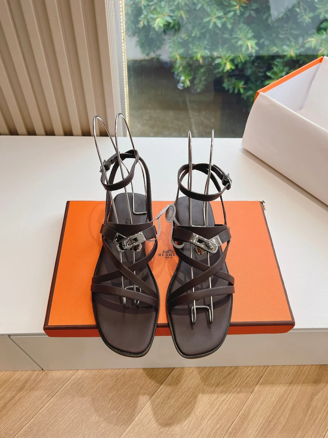 Hermès Women Dark Brown Leather Strappy Sandals product view 1