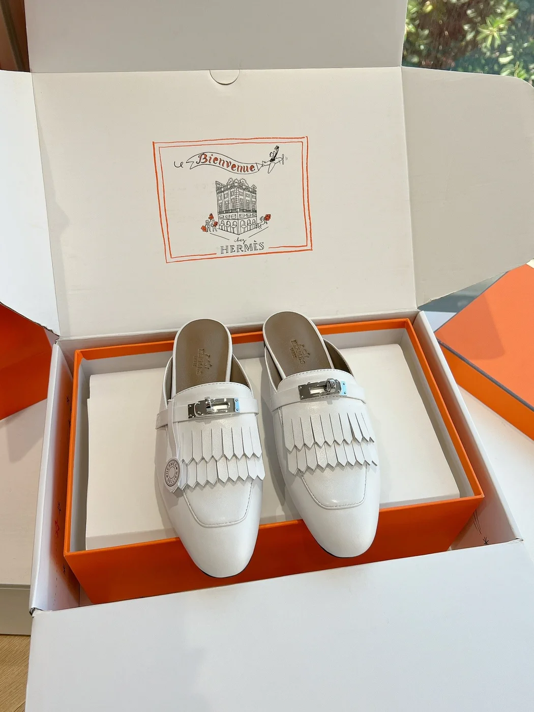 Hermès Women White Leather Fringe Mules product view 3