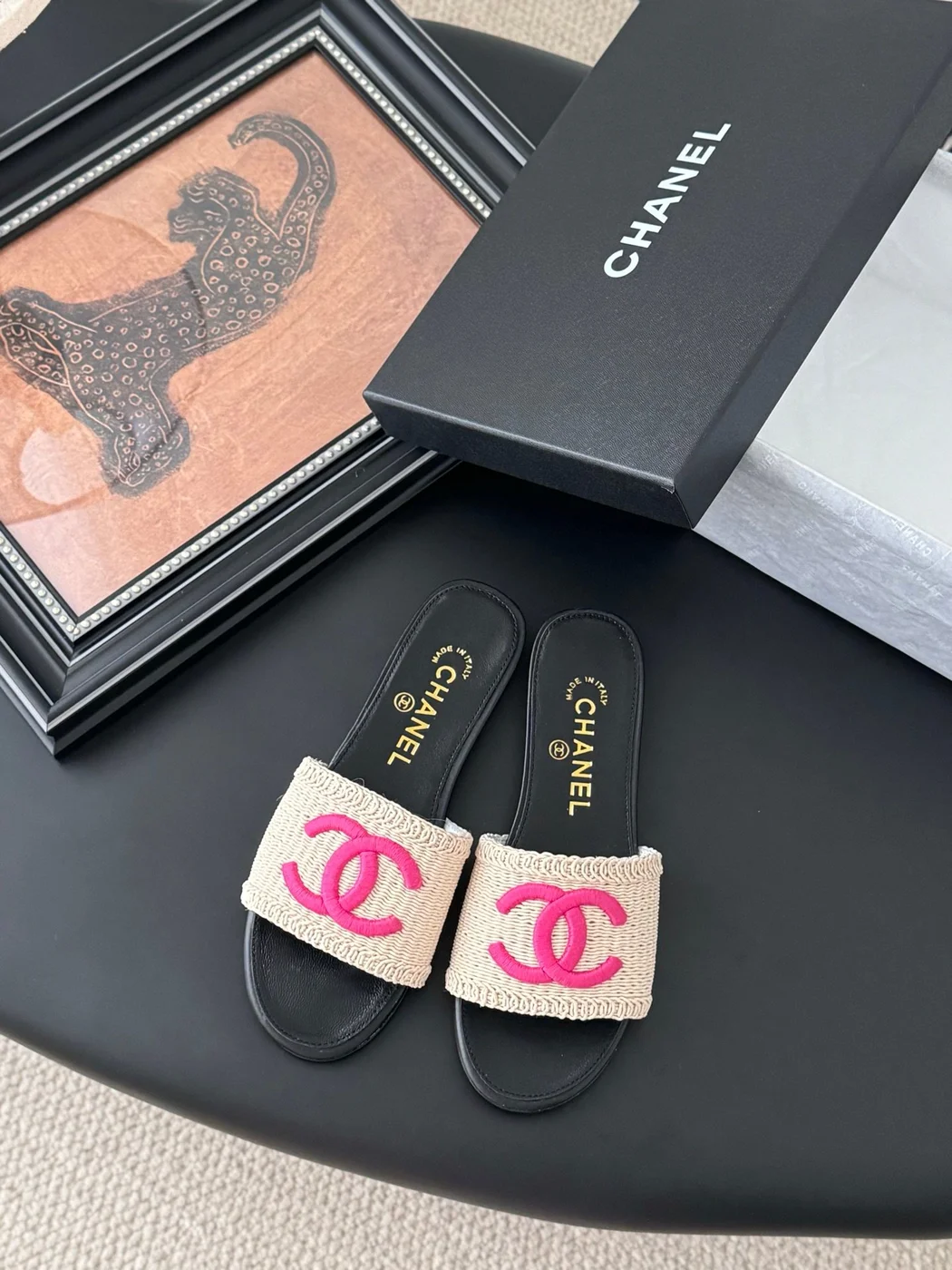 Chanel Women Black Leather And Beige Fabric Slides product view 1