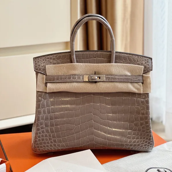 Hermès Etoupe Birkin 25 Porosus Crocodile Leather Palladium Hardware Bag product view 1