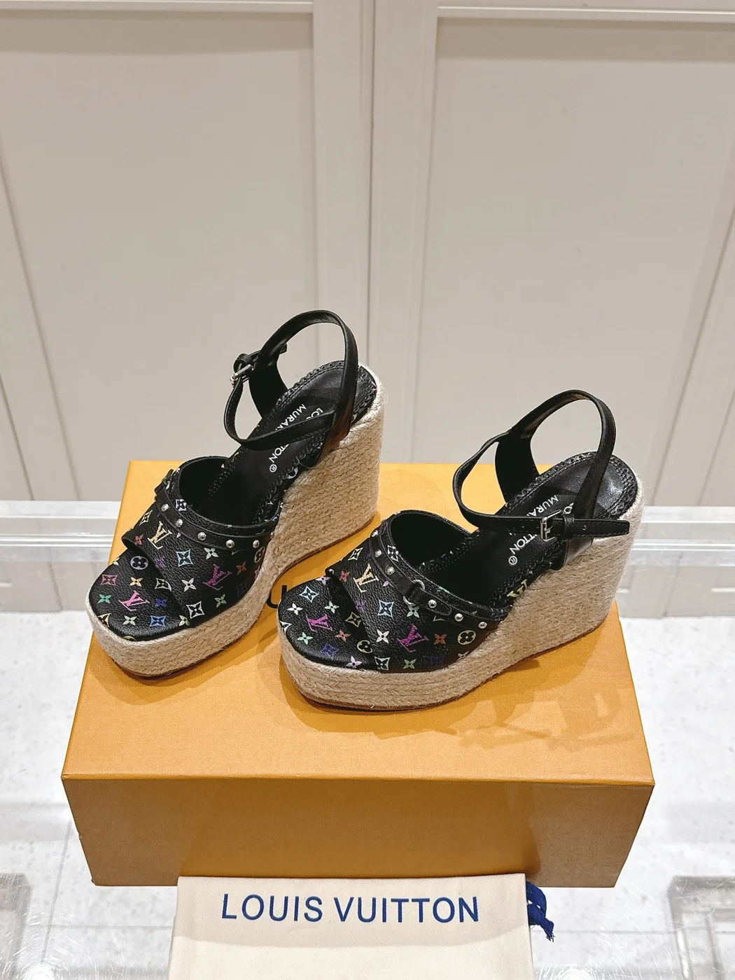 Louis Vuitton Women Black Leather Espadrille Wedge Sandals product view 3