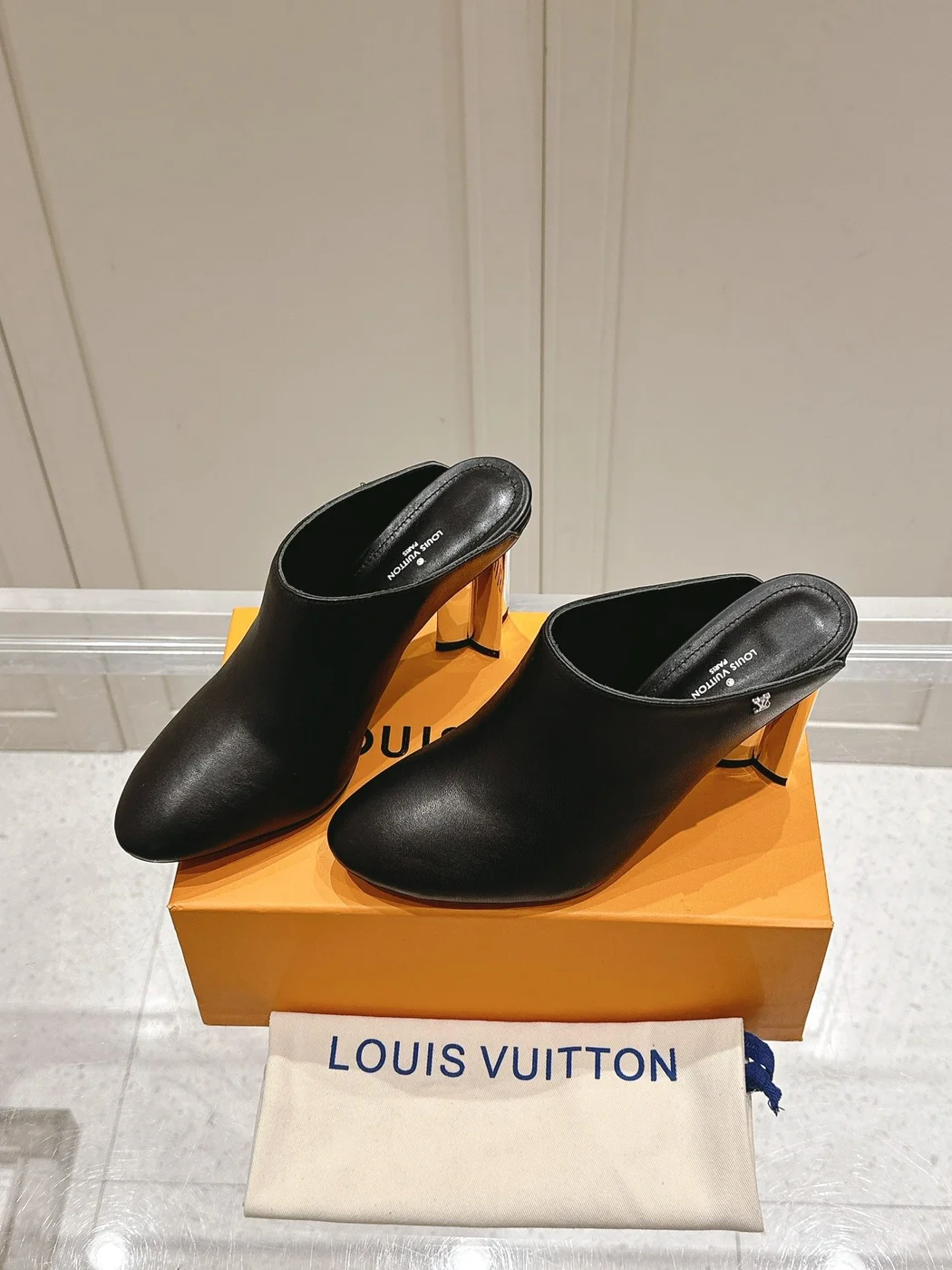 Louis Vuitton Women Black Leather Mules Heels product view 5