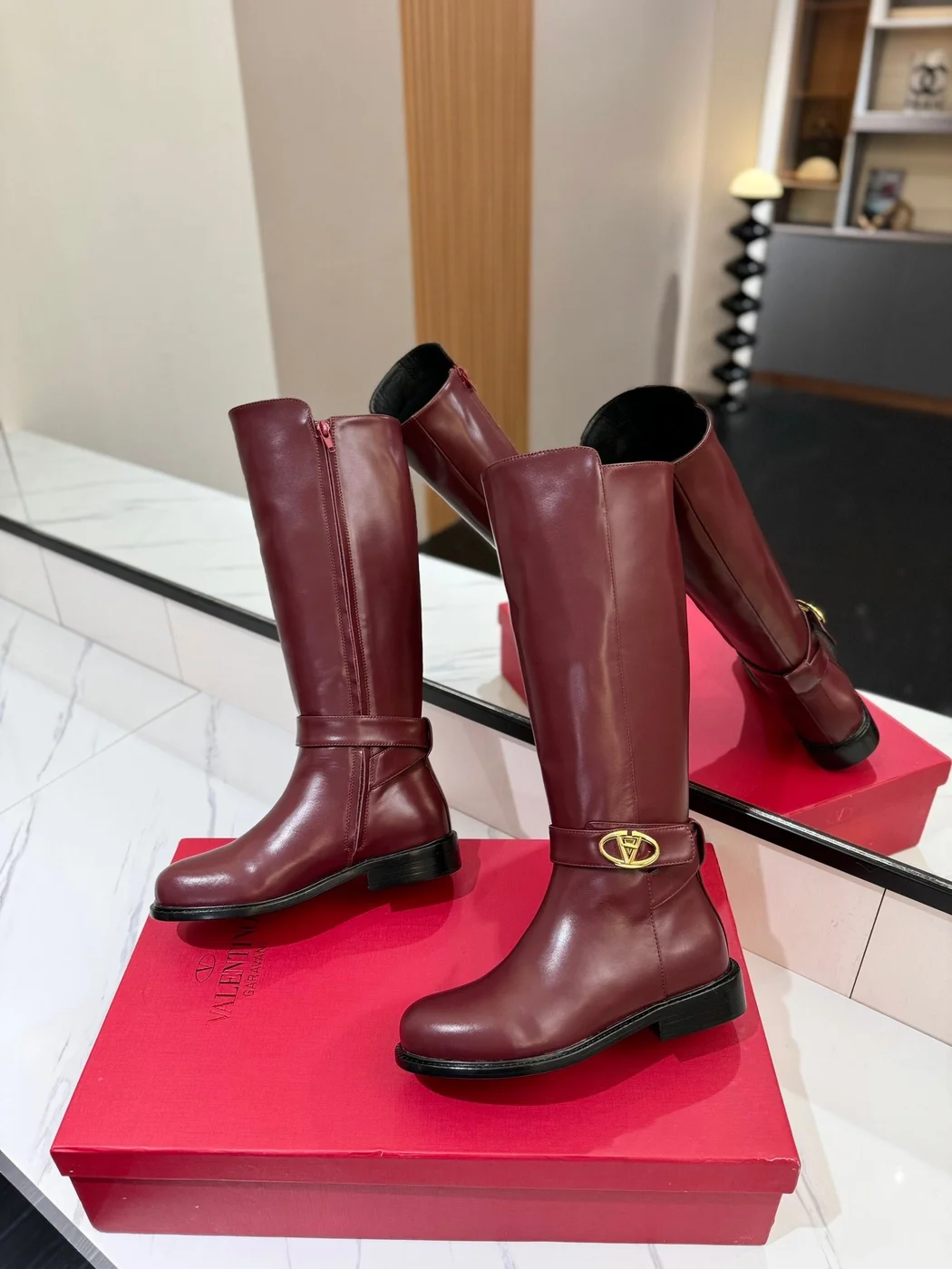 Valentino Women Burgundy Leather Knee High Boots product view 6