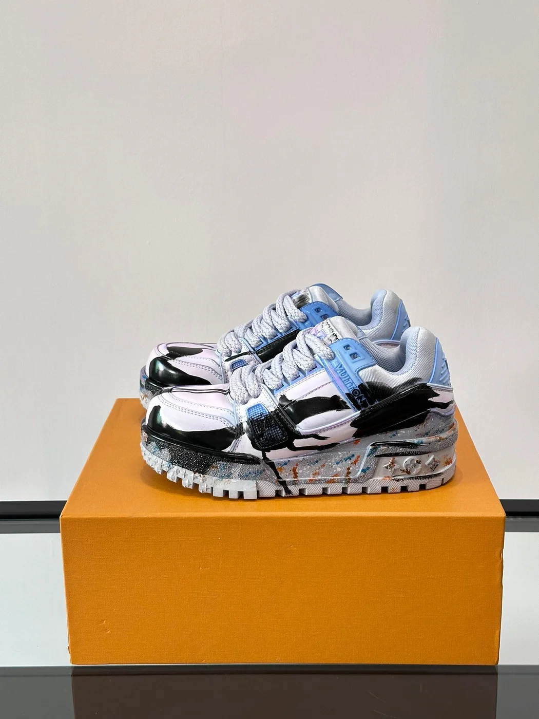 Louis Vuitton Men Black White Blue Leather Sneakers product view 3