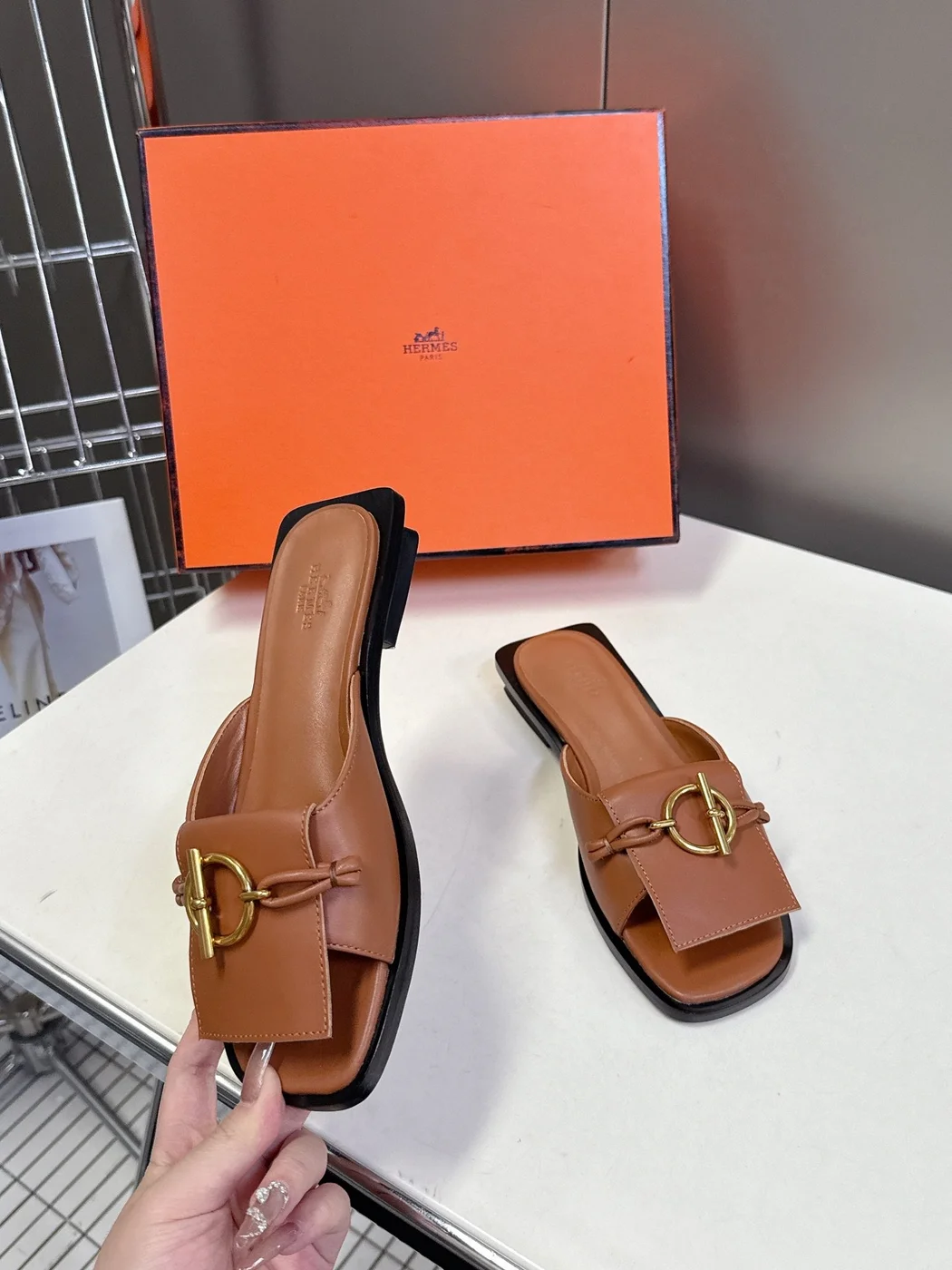Hermès Women Brown Leather Flat Mules product view 5