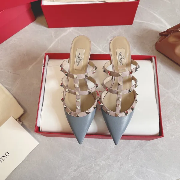Valentino Women Blue Leather Studded Mules product view 5