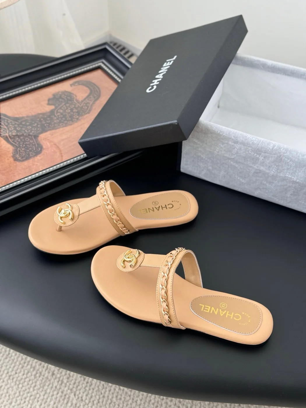 Chanel Women Beige Leather Slides product view 5