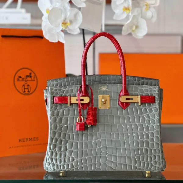 Hermès Birkin Crocodile Leather Gray and Red Custom Made Bag product view 1