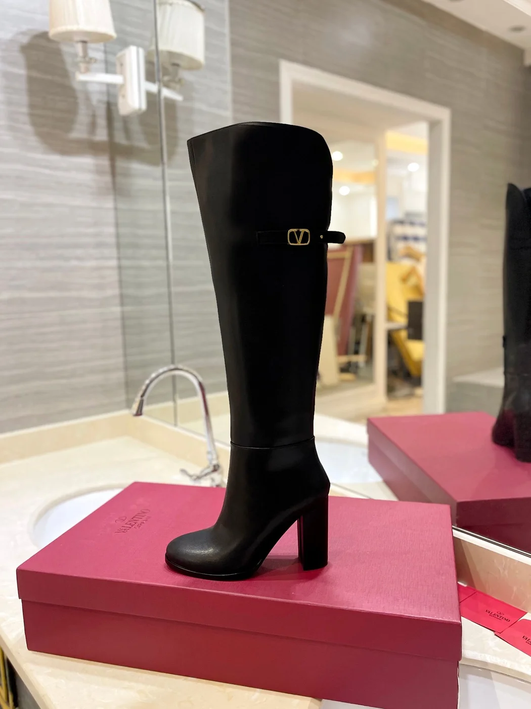 Valentino Women Black Leather High Heel Boots product view 5