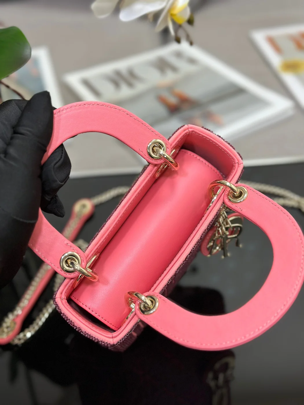 Dior Lady Pink Handbag with Beads 17x15x7cm product view 2