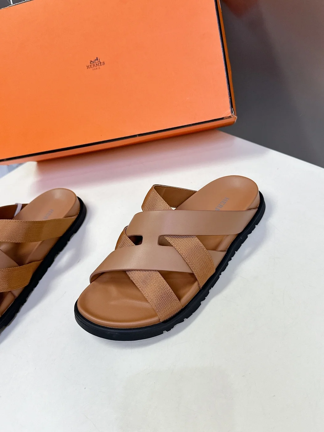 Hermès Women Tan Leather And Fabric Sandals product view 4