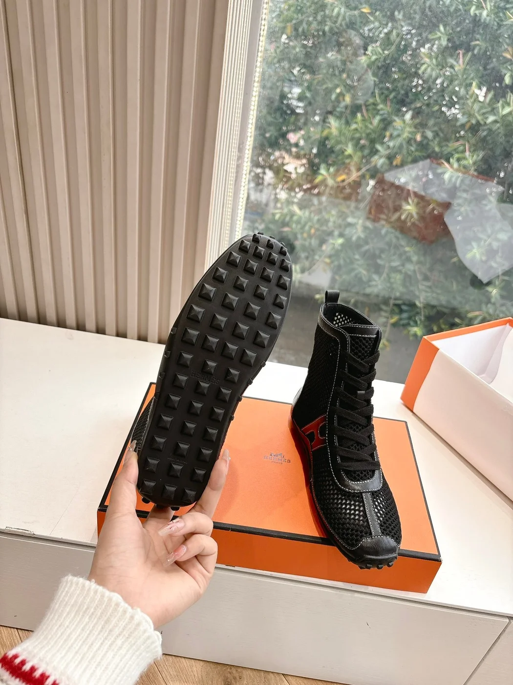 Hermès Women Black Mesh And Leather Boots product view 2