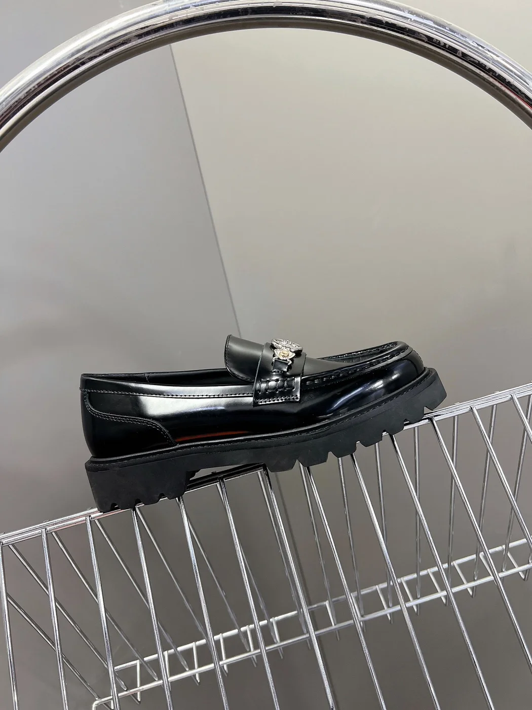 Louis Vuitton Women Black Leather Loafers — Chain Detail with Lug Sole product view 6