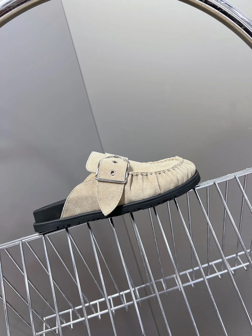 Hermès Women Beige Suede Buckle Mules product view 2