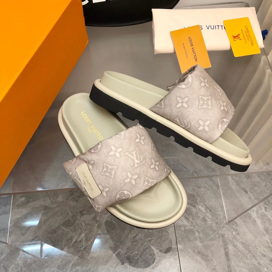 Louis Vuitton Women Light Gray Fabric Slides Sandals product view 5