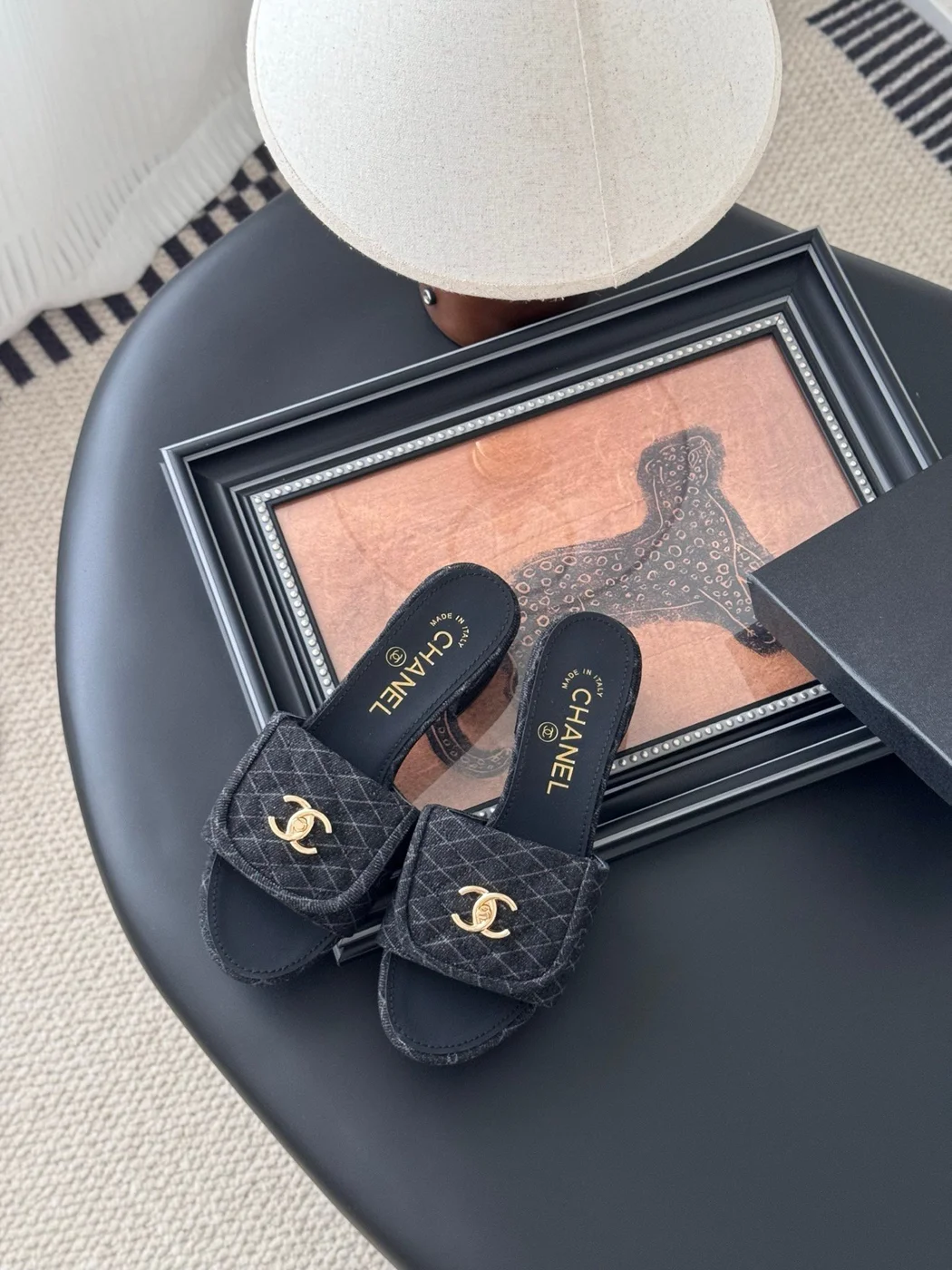 Chanel Women Black Quilted Fabric Slides product view 2
