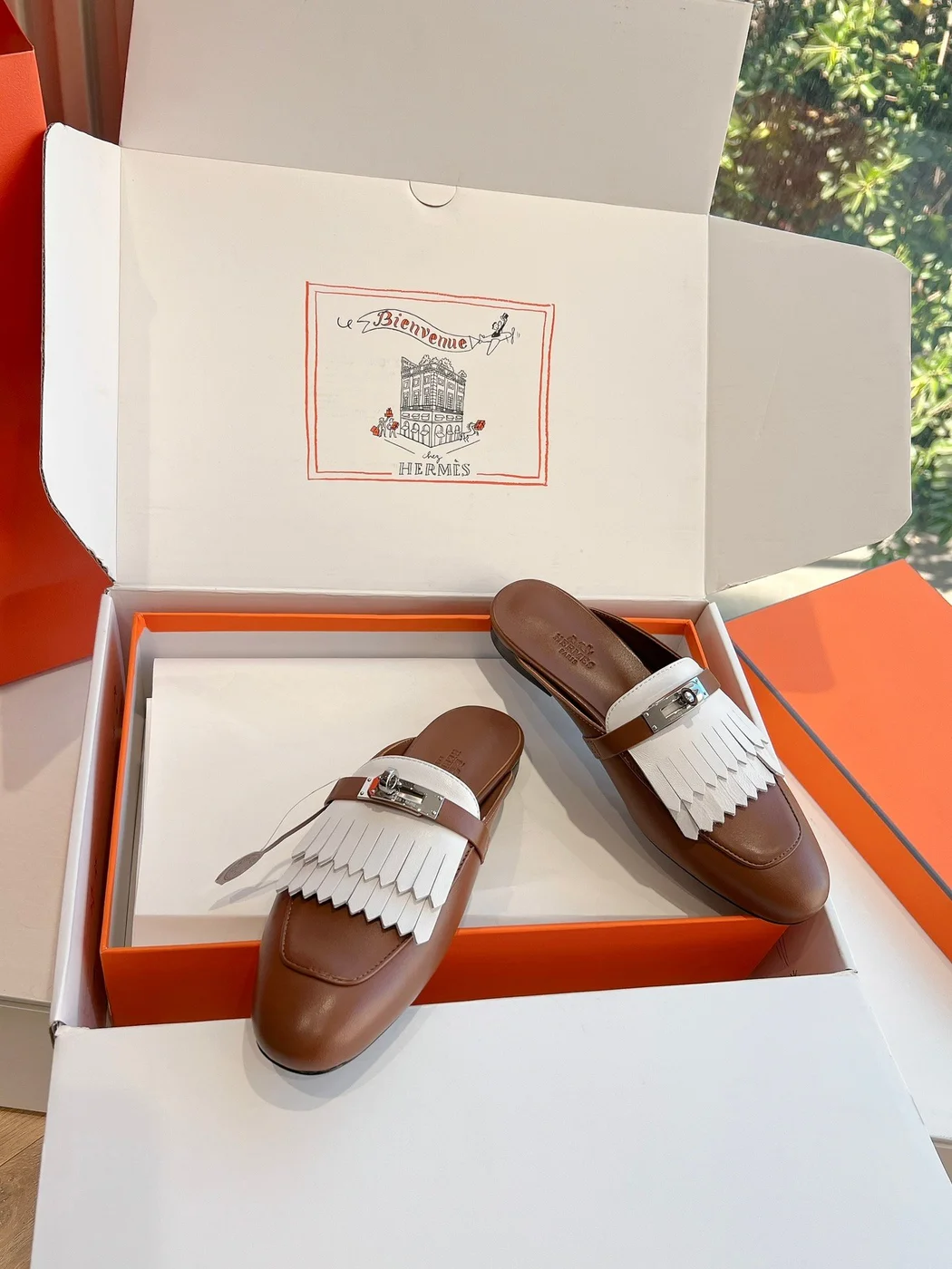 Hermès Women Brown White Leather Fringe Mules product view 5