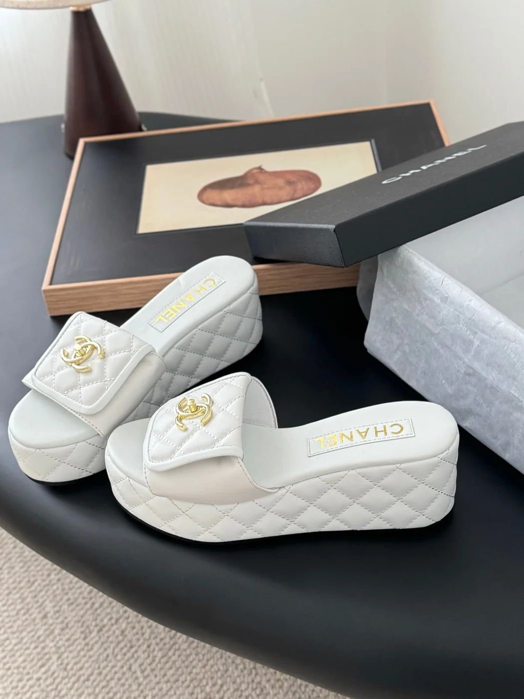 Chanel Women White Quilted Leather Slides product view 2
