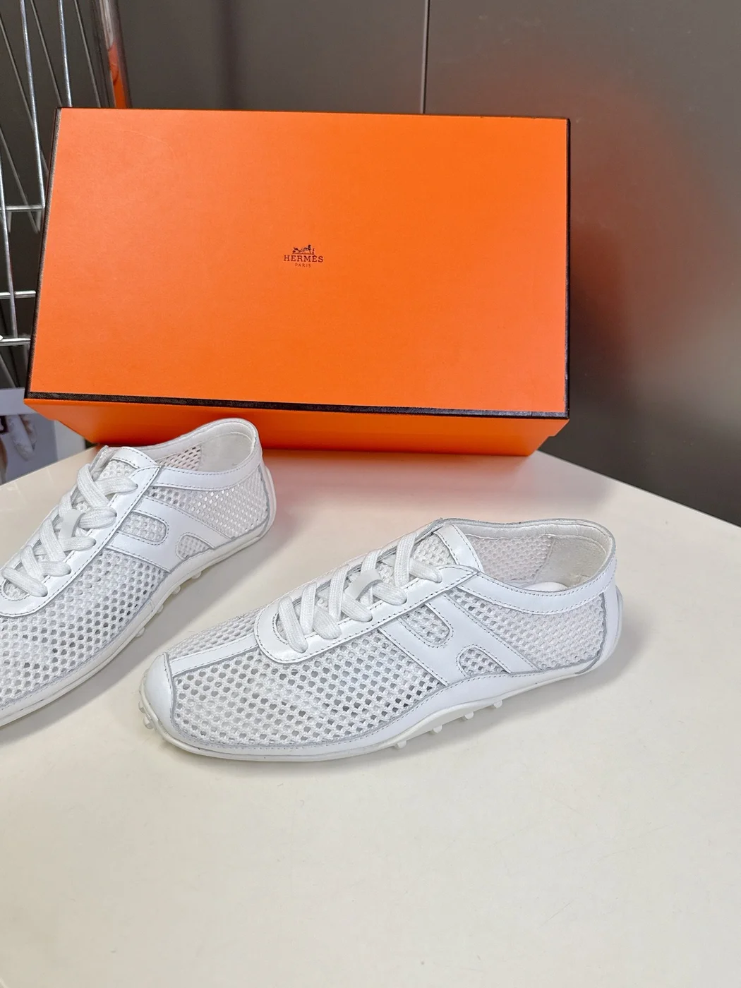 Hermès Women White Mesh Leather Sneakers product view 4