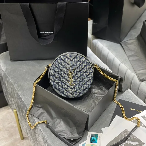 Saint Laurent Women Vinyle Round Camera Bag in Chevron-Quilted Denim and Suede product photo