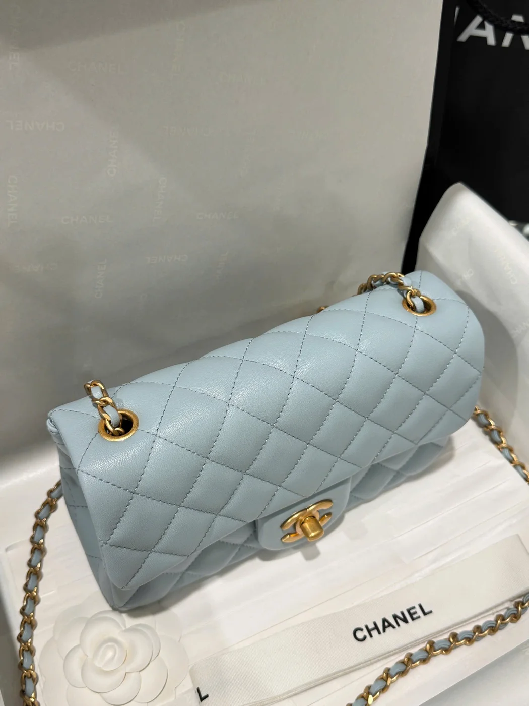 Chanel Classic Bell Bag Handbag Sheepskin Blue Lock Gold 20 cm product view 6