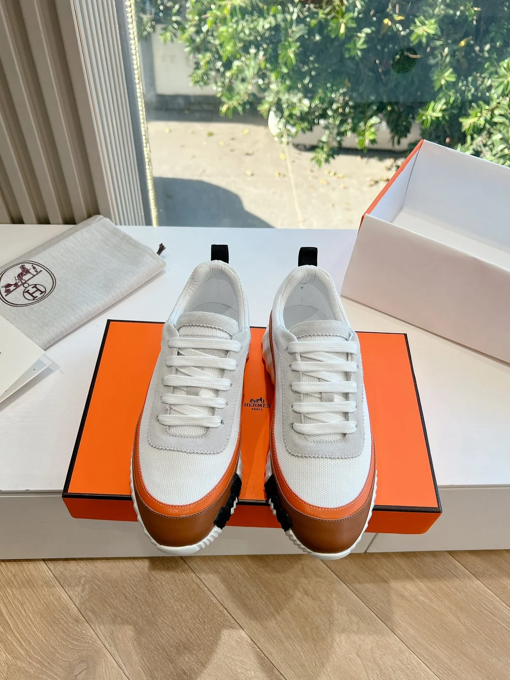 Hermès Women White Brown Leather Mesh Sneakers product view 1