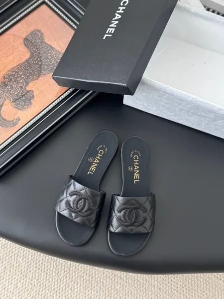 Chanel Women Black Quilted Leather Slides product view 1