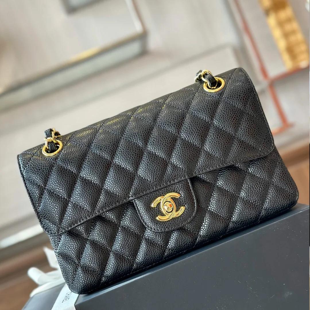 Chanel Classic Handbags With Lock Gold Black Leather 23 cm product view 1