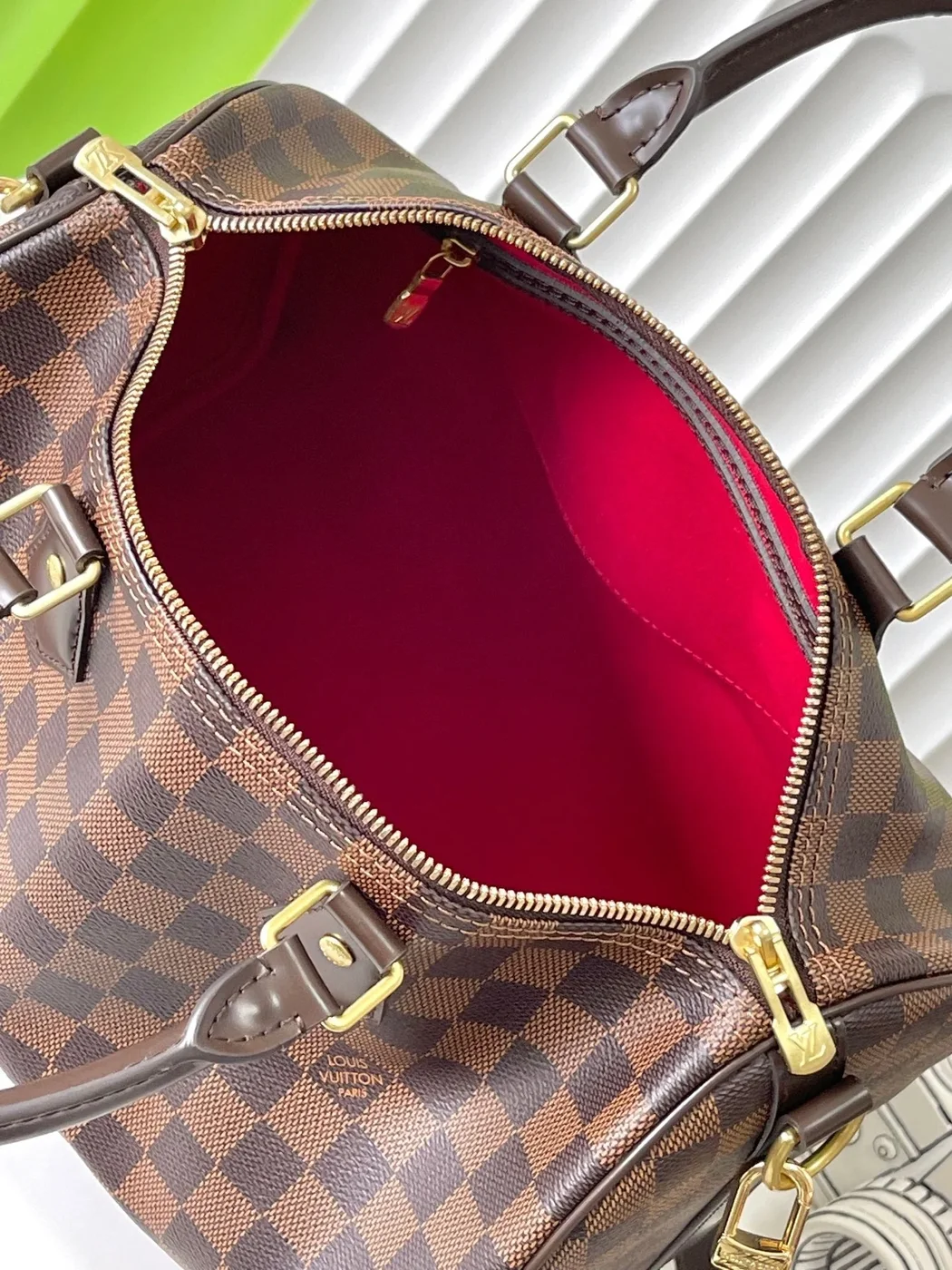 Louis Vuitton Speedy BANDOLIÈRE 30 In Dark Brown Damier Ebene Canvas Gold Lock Bag product view 7