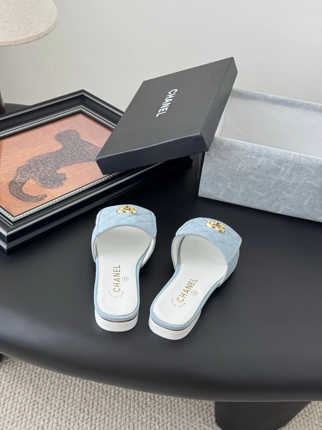 Chanel Women Light Blue Quilted Fabric Slides product view 5