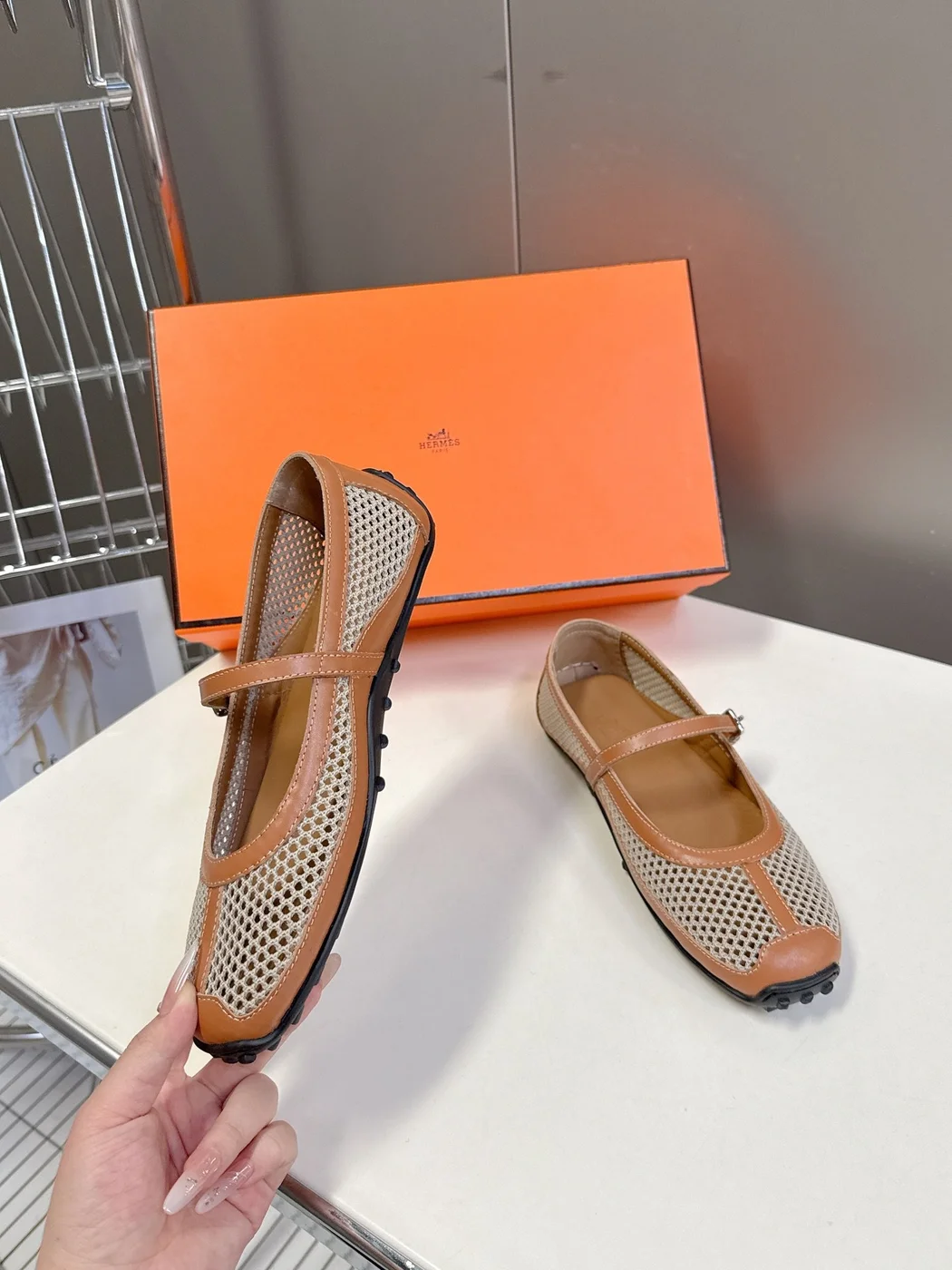 Hermès Women Beige Leather Mesh Mary Jane Flats product view 5