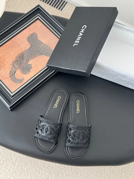 Chanel Women Black Leather Logo Slide Sandals product view 1