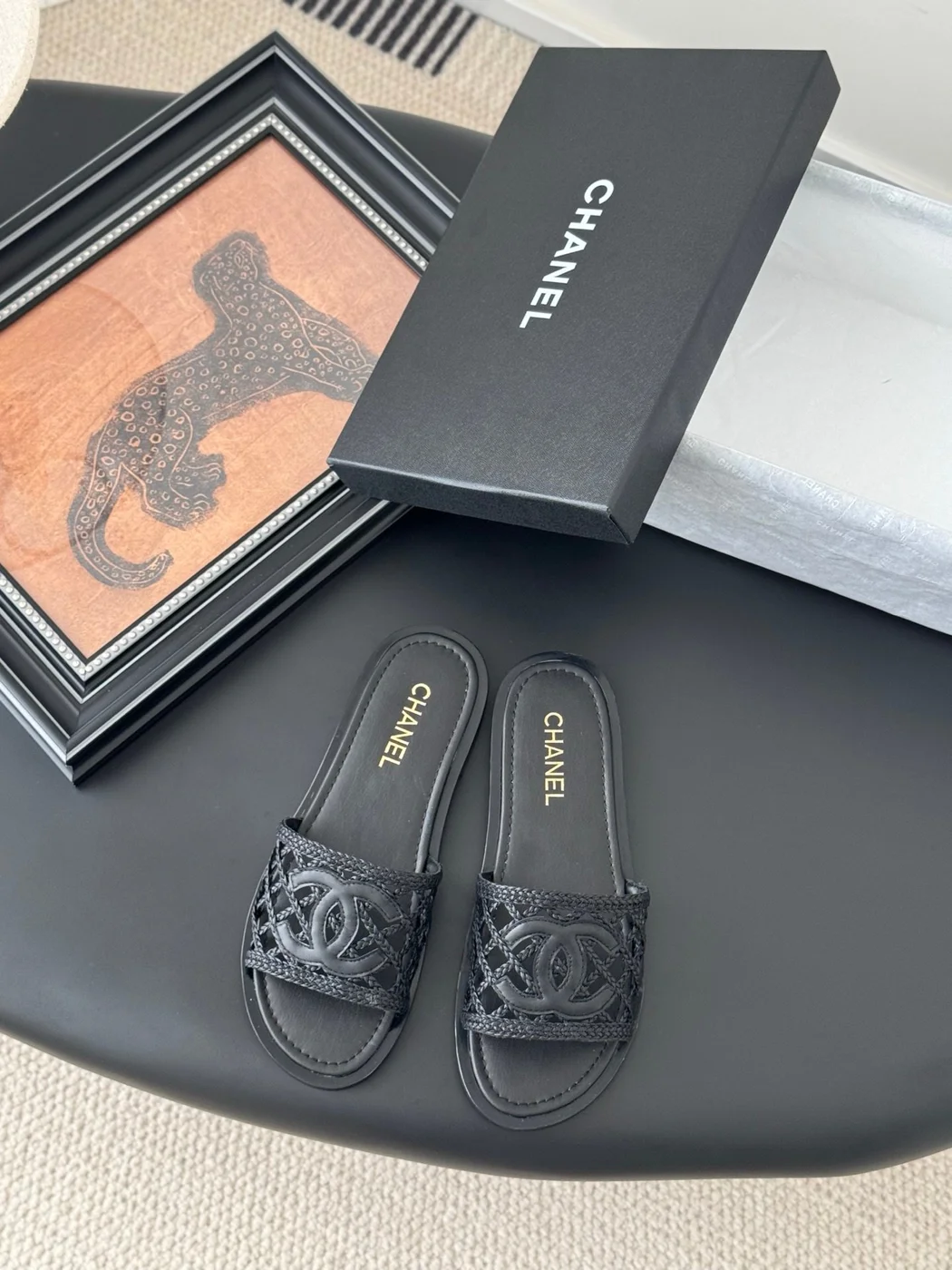 Chanel Women Black Leather Logo Slide Sandals product view 1