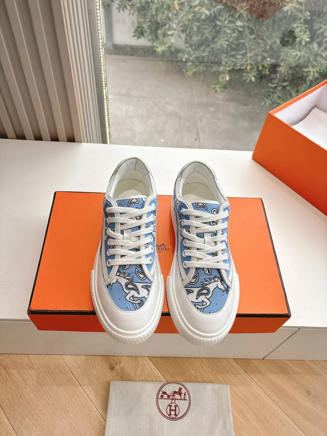 Hermès Women Light Blue Canvas And White Sneakers product view 5
