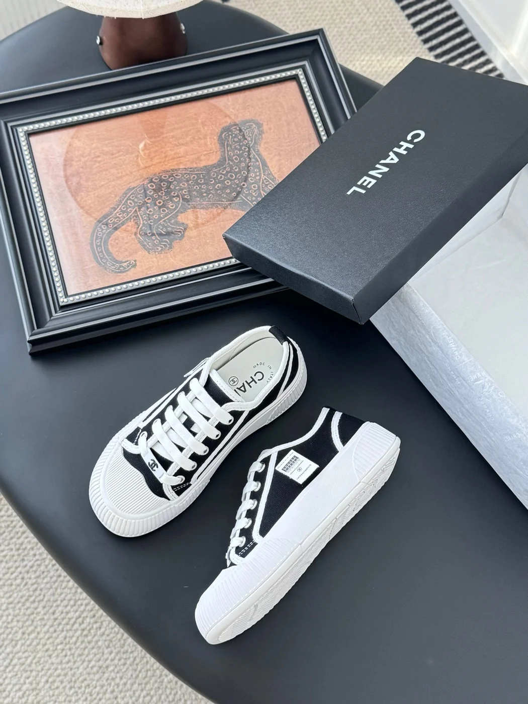 Chanel Women Black Canvas White Trim Sneakers product view 4