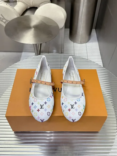 Louis Vuitton Women White Canvas Multicolor Print Leather Strap Flats product view 1