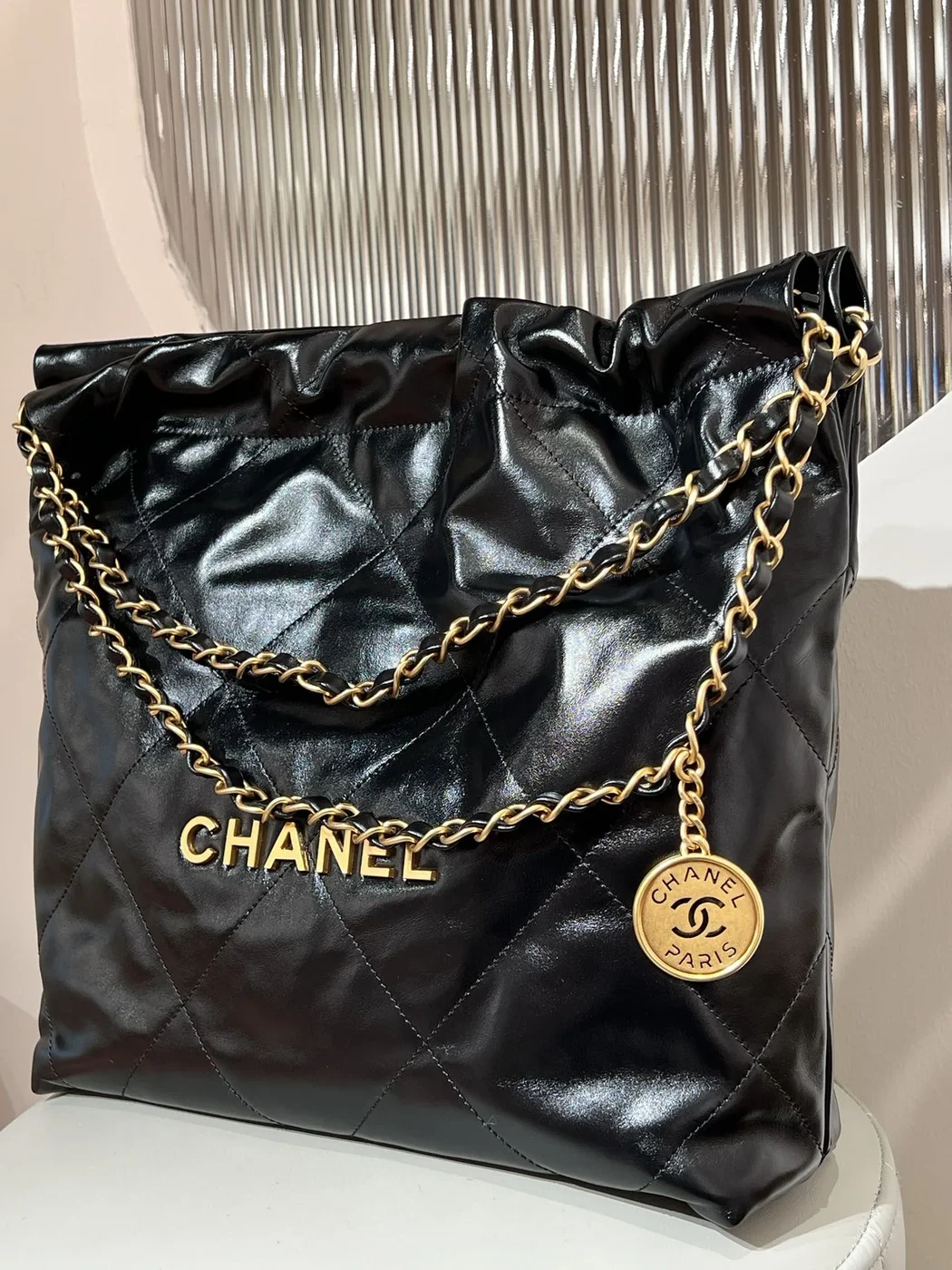 Chanel 22 Bag Small Gold  Black Lambskin Leather product view 2