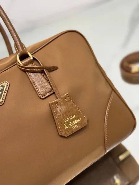 Prada Large Top Handle Bag 35 In Cherry Wood Nylon And Calfskin Trim product view 2