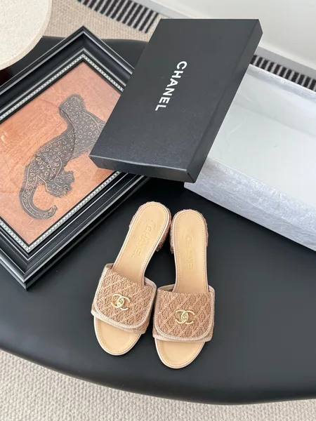 Chanel Women Beige Fabric Mules Slides product view 1