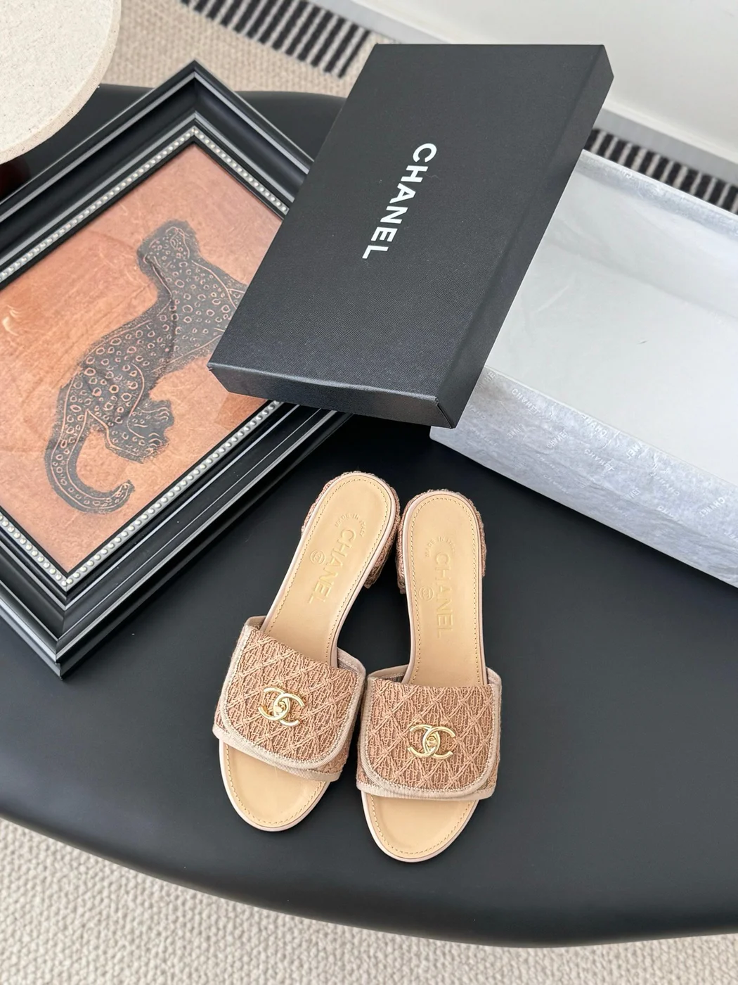 Chanel Women Beige Fabric Mules Slides product view 1