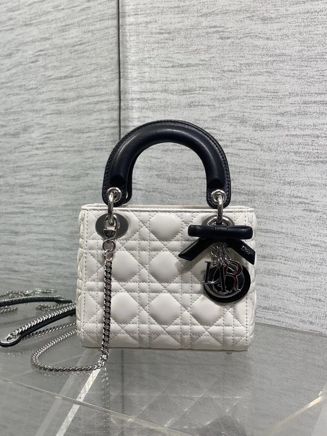 Dior Mini Lady Dior Bag with Chain in two-tone latte and black product view 3