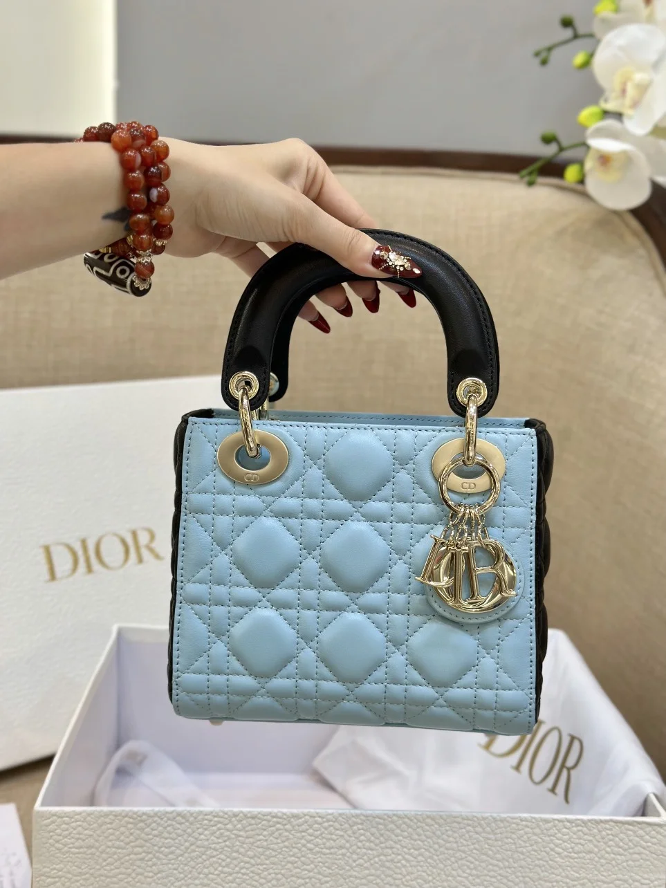 Dior Lady Mini Handbag for Women Ice Blue Cowhide 18 cm product view 8