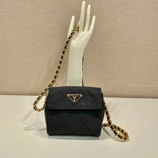 Prada Mini Quilted Flap Bag 14 In Black Re-Nylon Fabric Gold Chain product view 1