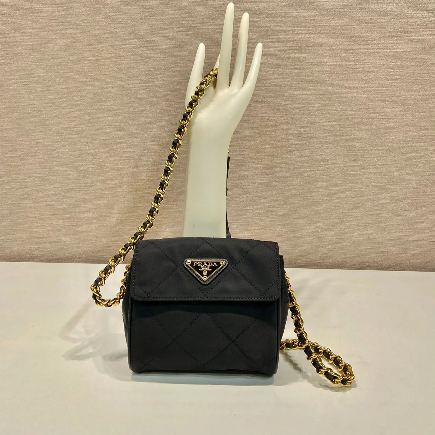 Prada Mini Quilted Flap Bag 14 In Black Re-Nylon Fabric Gold Chain product view 1