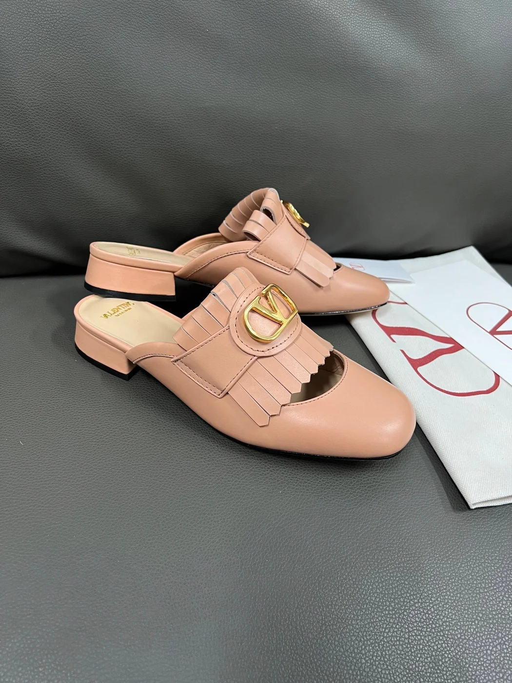 Valentino Women Peach Pink Leather Fringe Mules product view 5